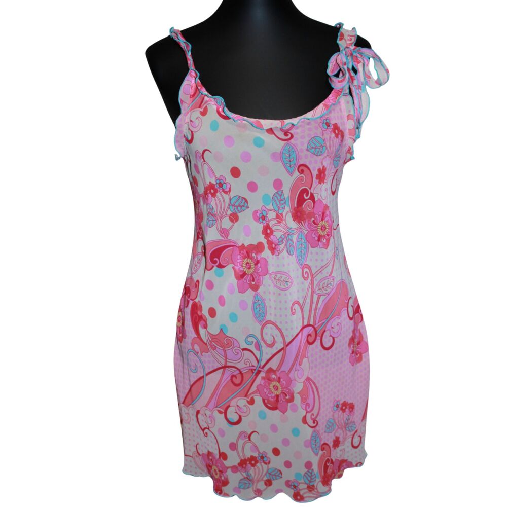 Josie Pink Floral Polka Dot Sheer Mesh Slip Dress & Robe Set Small
